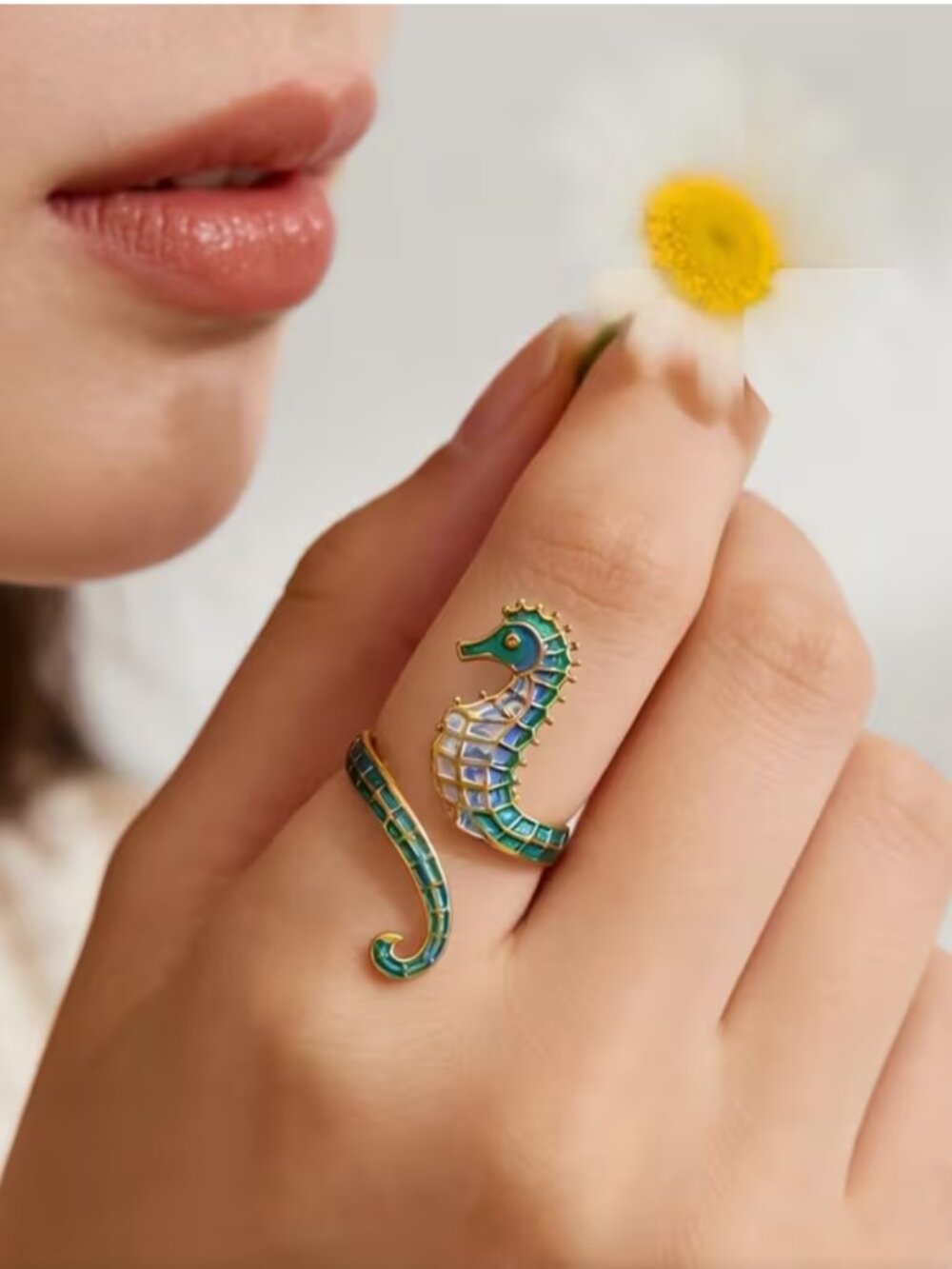 NEW Green and Gold Enamel Seahorse Ring One Size Adjustable